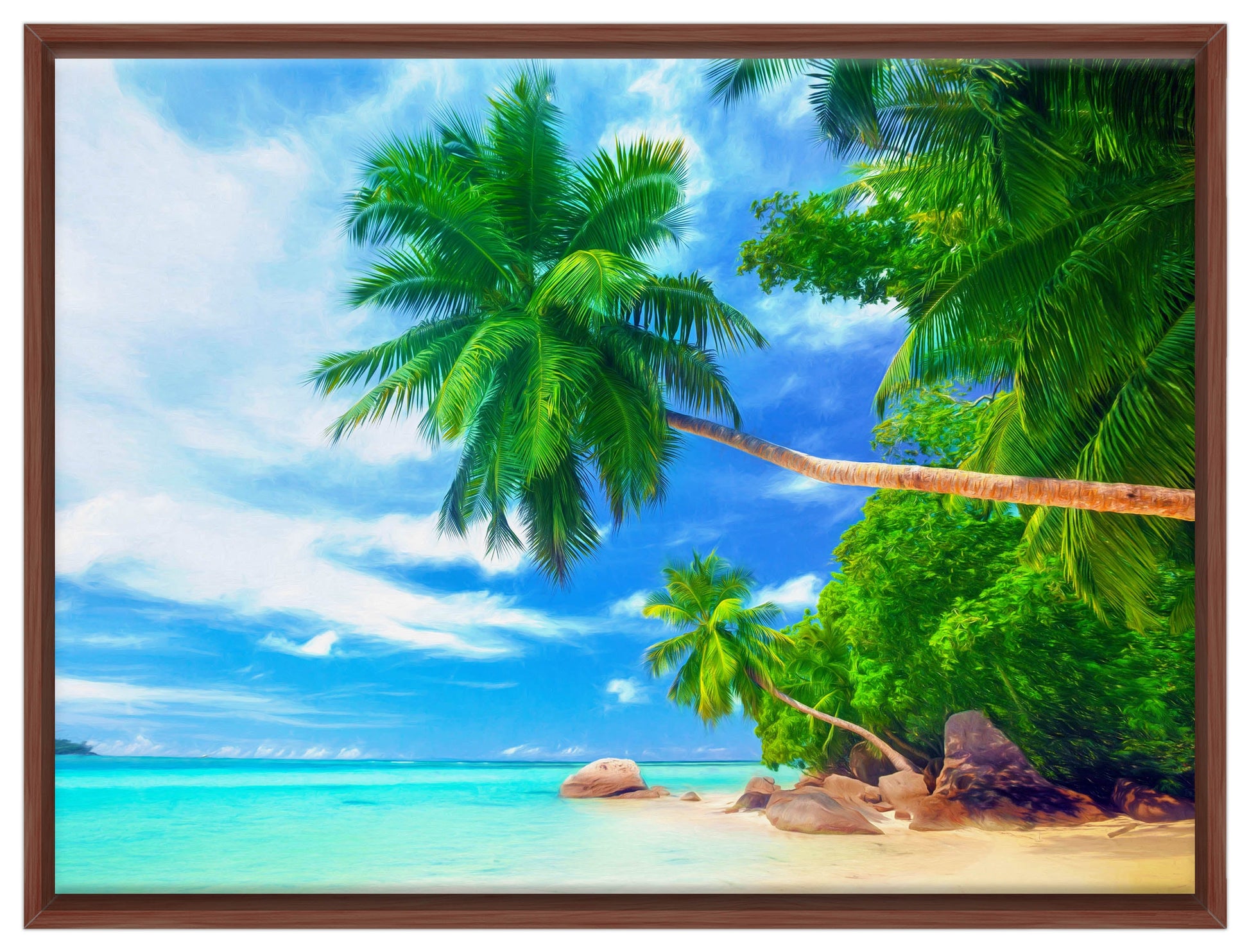 Palm Tree Art Painting   - Tropical Beach & Palm Trees #3 -Canvas Wrap - Mahogany Frame