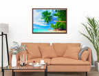 Palm Tree Art Painting   - Tropical Beach & Palm Trees #3 -Canvas Wrap - Mahogany Frame on Living Room Wall-1