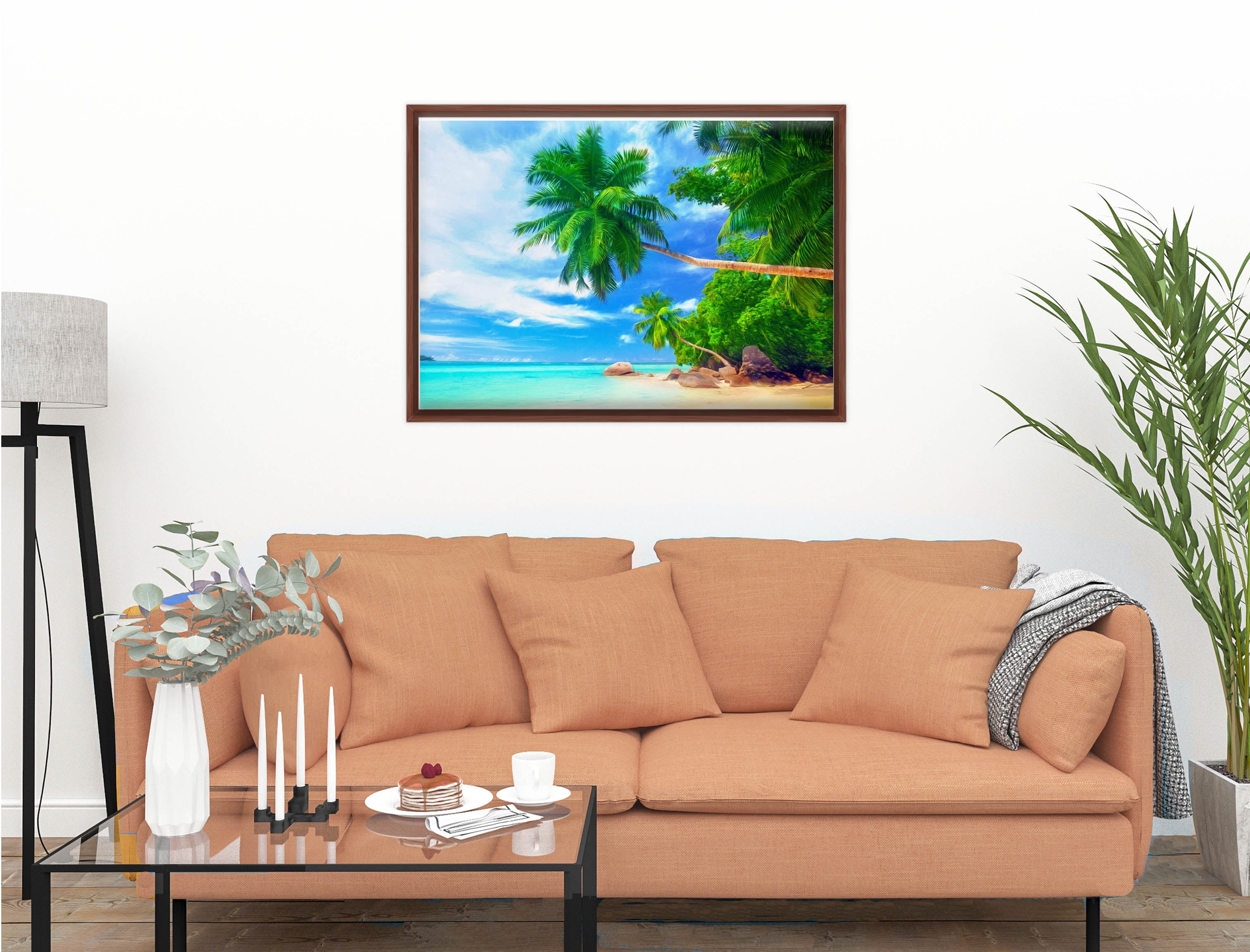 Palm Tree Art Painting   - Tropical Beach & Palm Trees #3 -Canvas Wrap - Mahogany Frame on Living Room Wall-1