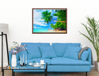 Palm Tree Art Painting   - Tropical Beach & Palm Trees #3 -Canvas Wrap - Mahogany Frame on Living Room Wall-2