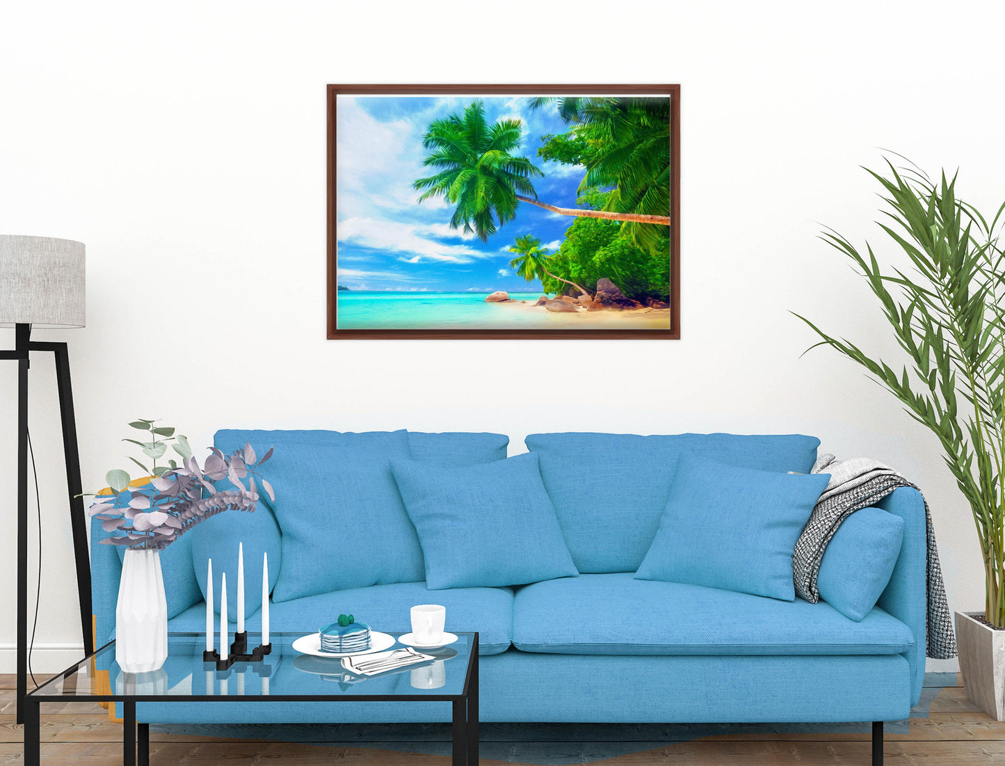 Tropical Beach & Palm Trees #3 -Canvas Wrap - Mahogany Frame on Living Room Wall-2