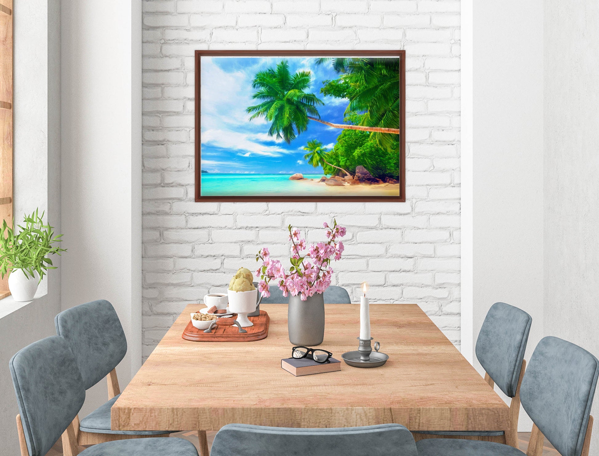 Tropical Beach & Palm Trees #3 -Canvas Wrap - Mahogany Frame on Dining Room Room Wall