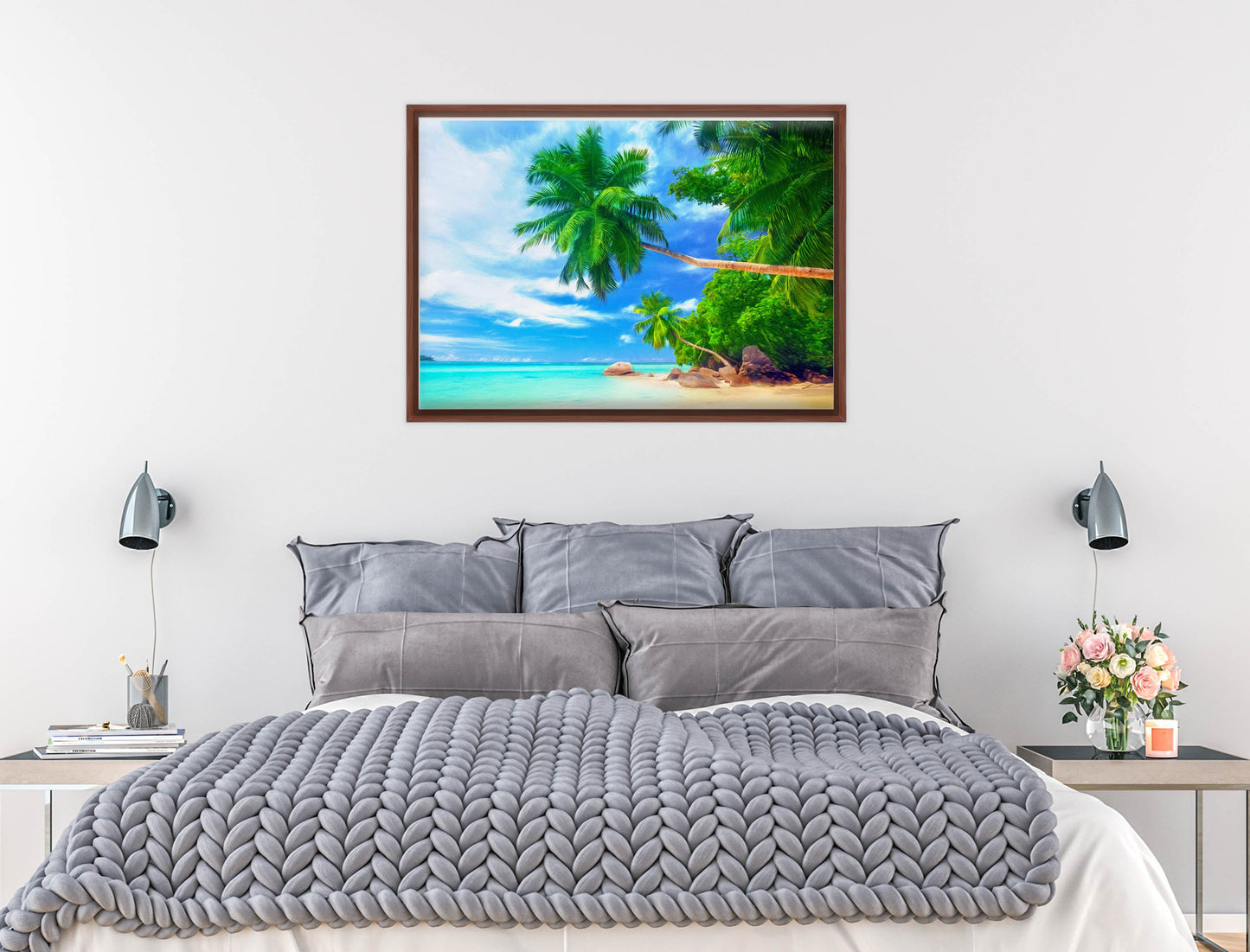 Tropical Beach & Palm Trees #3 -Canvas Wrap - Mahogany Frame on Bedroom Wall