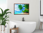 Palm Tree Art Painting   - Tropical Beach & Palm Trees #3 -Canvas Wrap - Mahogany Frame on Bathroom Wall