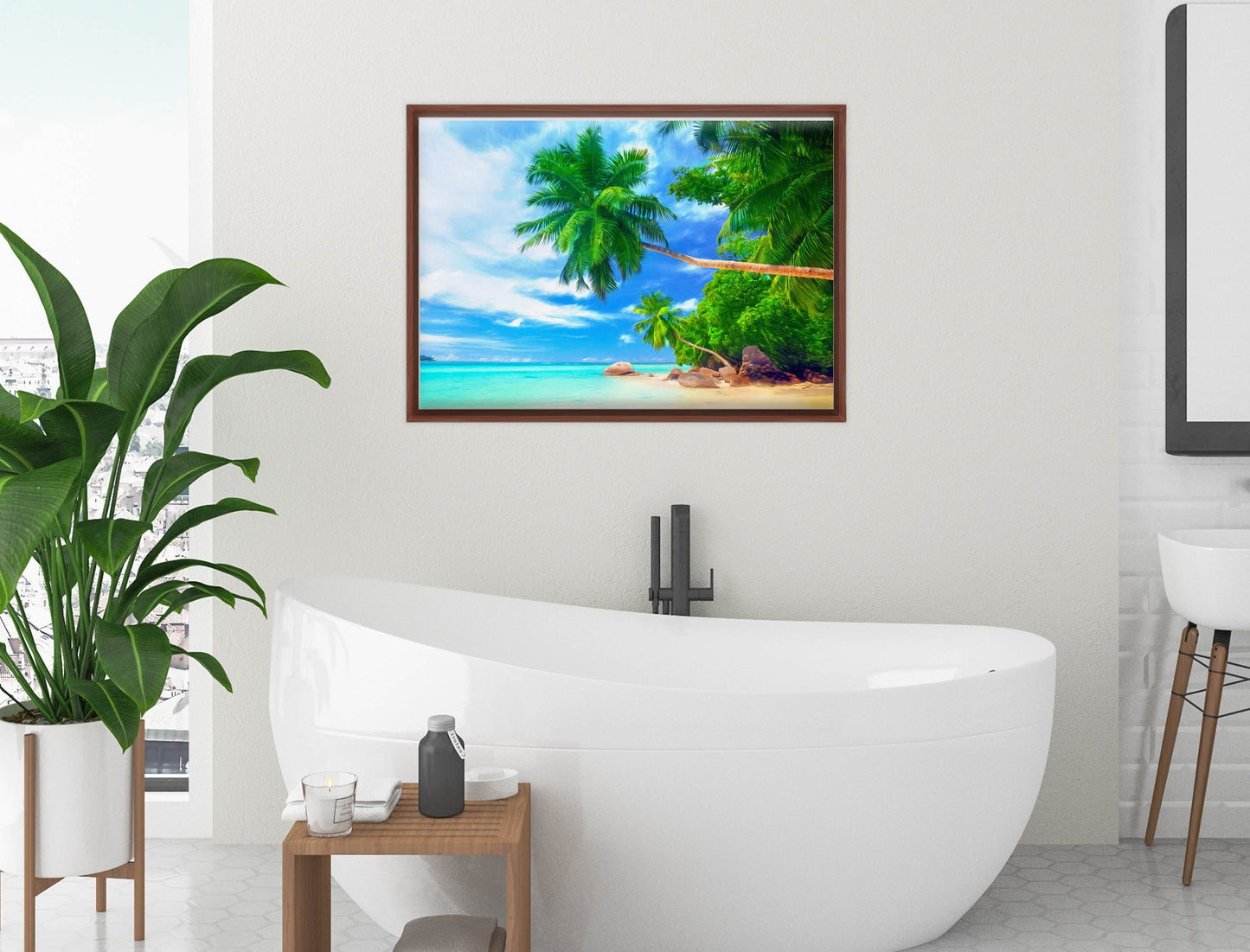 Tropical Beach & Palm Trees #3 -Canvas Wrap - Mahogany Frame on Bathroom Wall