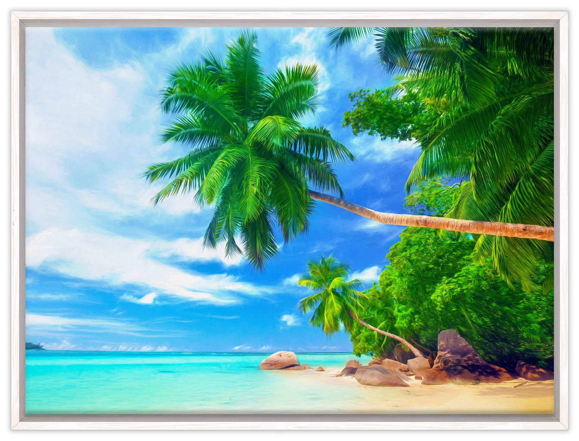 Palm Tree Art Painting   - Tropical Beach & Palm Trees #3 -Canvas Wrap - White Frame