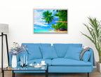 Palm Tree Art Painting   - Tropical Beach & Palm Trees #3 -Canvas Wrap - White Frame on Living Room Wall-2