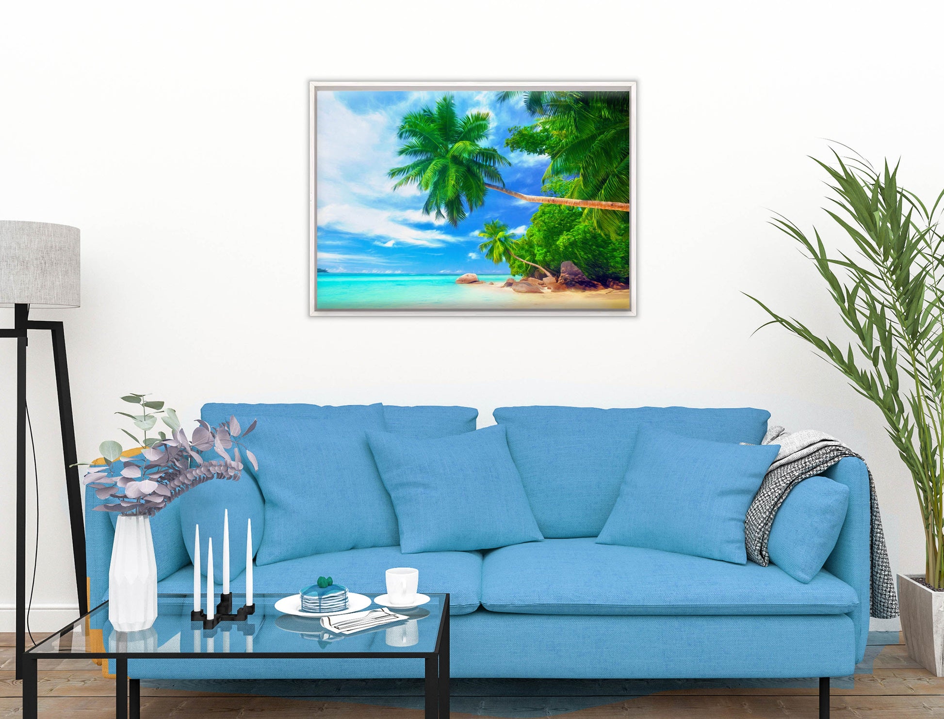 Tropical Beach & Palm Trees #3 -Canvas Wrap - White Frame on Living Room Wall-2