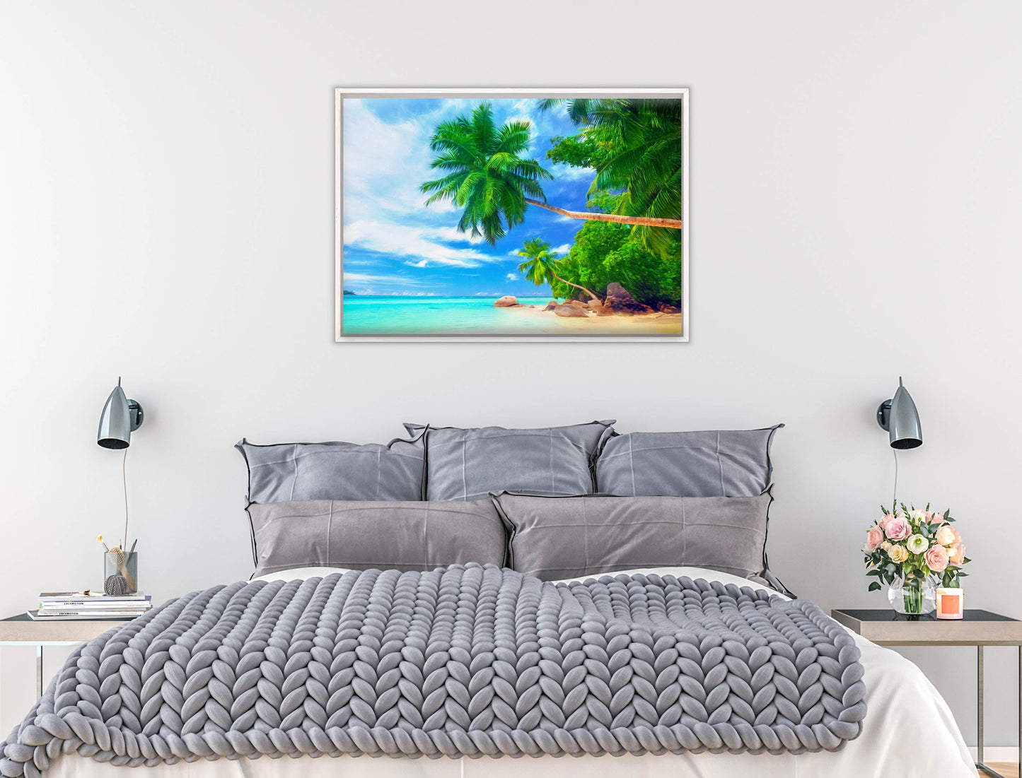 Tropical Beach & Palm Trees #3 -Canvas Wrap - White Frame on Bedroom Wall