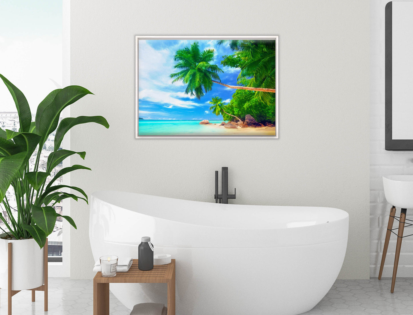 Tropical Beach & Palm Trees #3 -Canvas Wrap - White Frame on Bathroom Wall