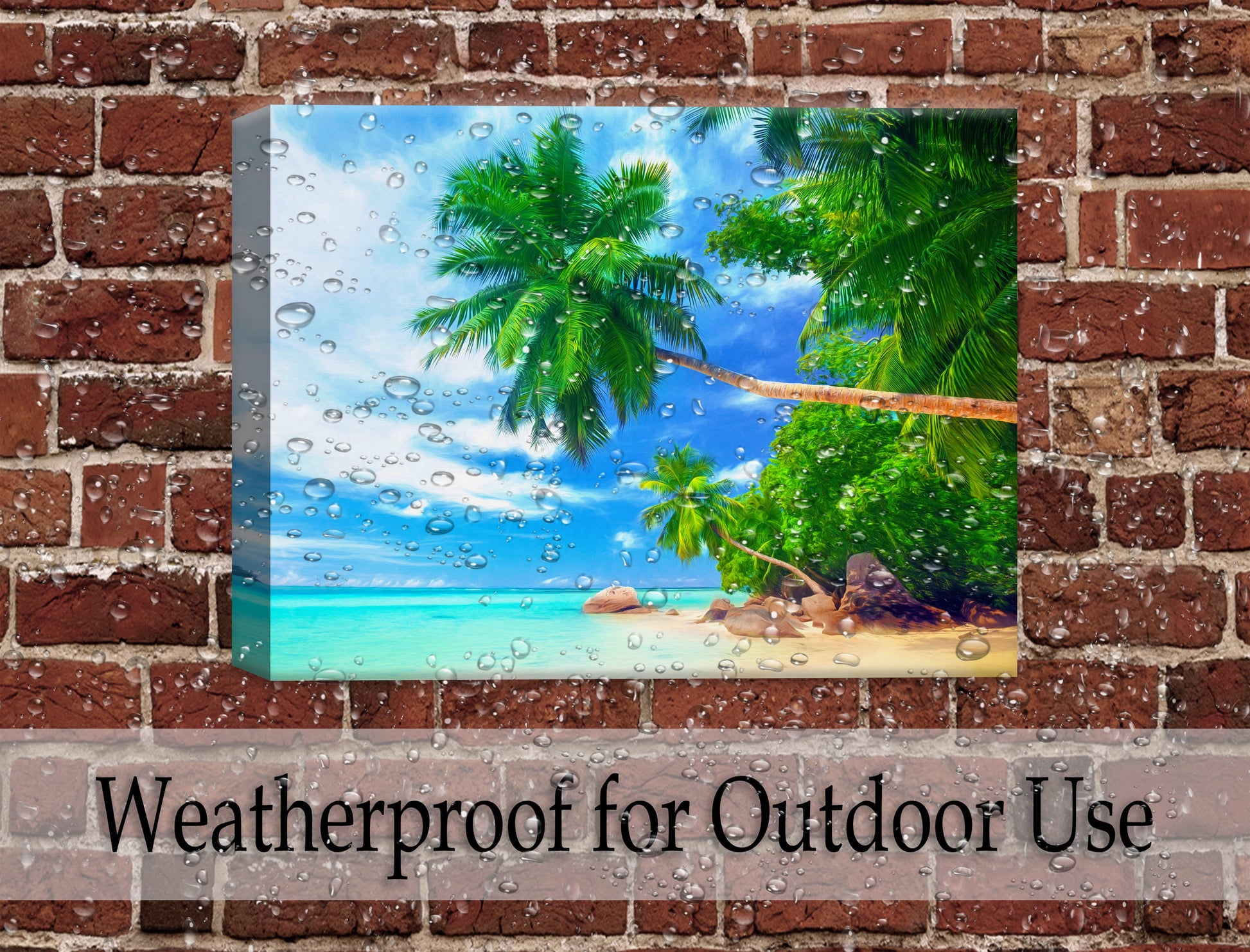 Tropical Beach & Palm Trees #3 -Canvas Wrap - Waterproof on Brick Wall