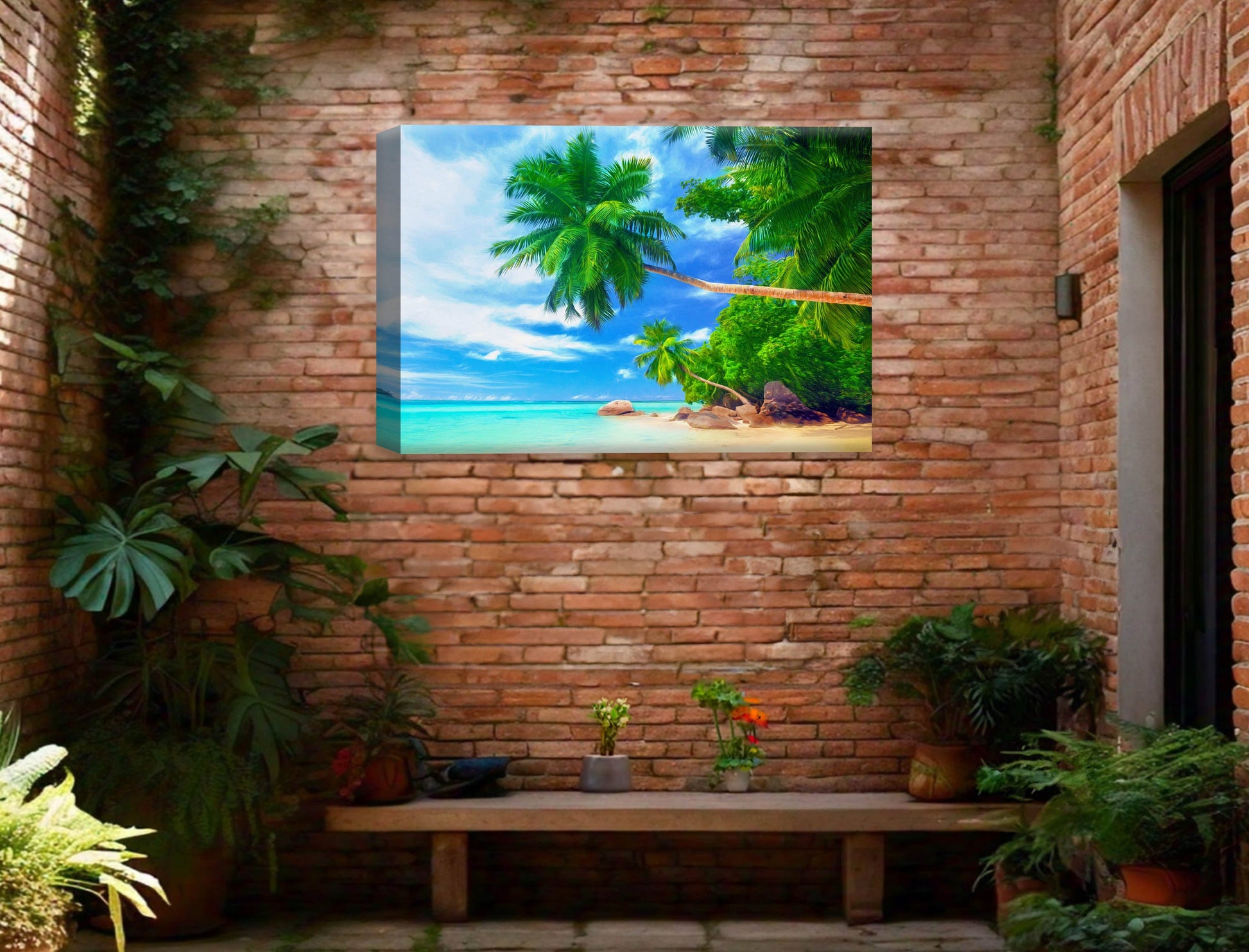 Tropical Beach & Palm Trees #3 -Canvas Wrap - Waterproof on Patio 3 Wall