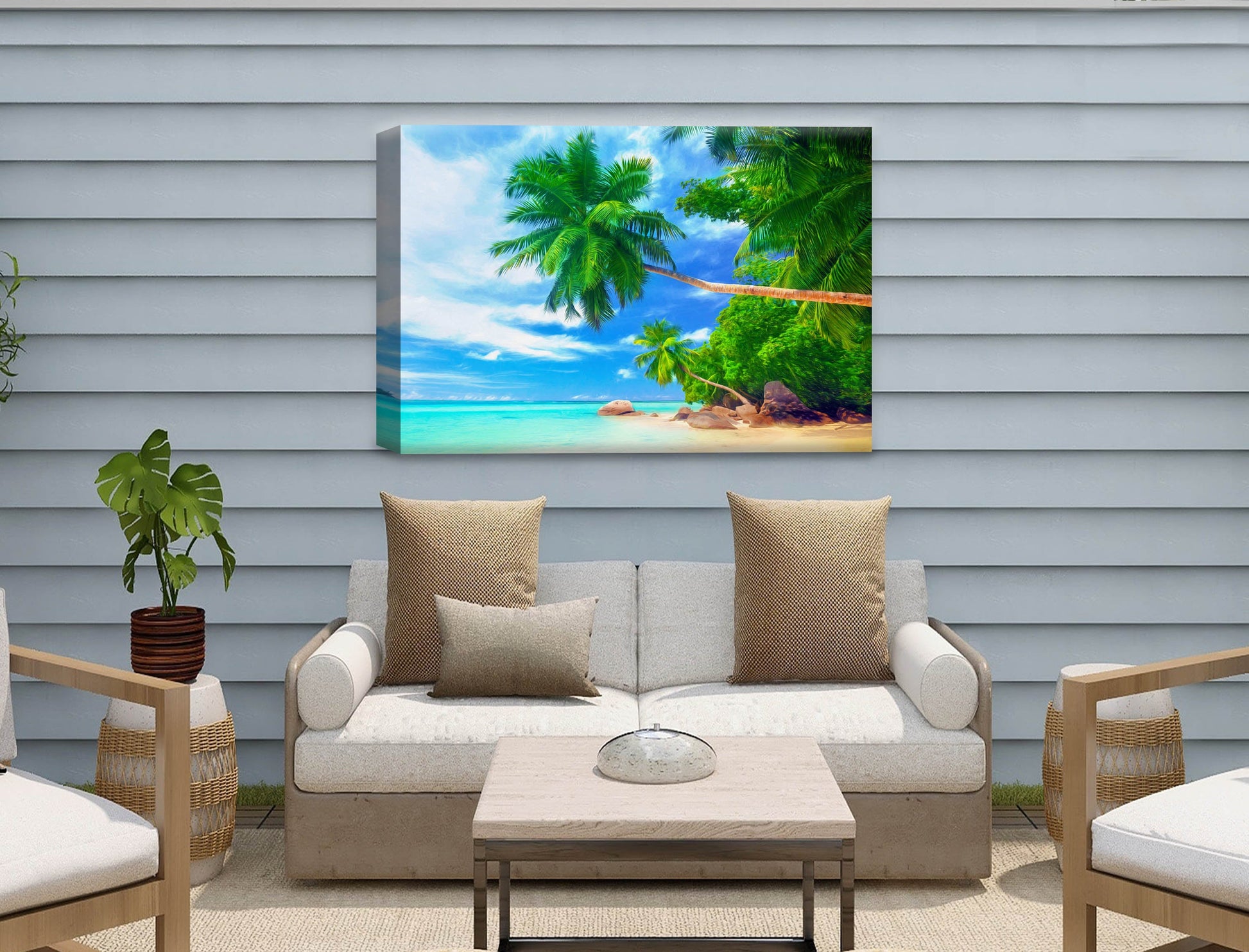 Tropical Beach & Palm Trees #3 -Canvas Wrap - Waterproof on Patio 1 Wall