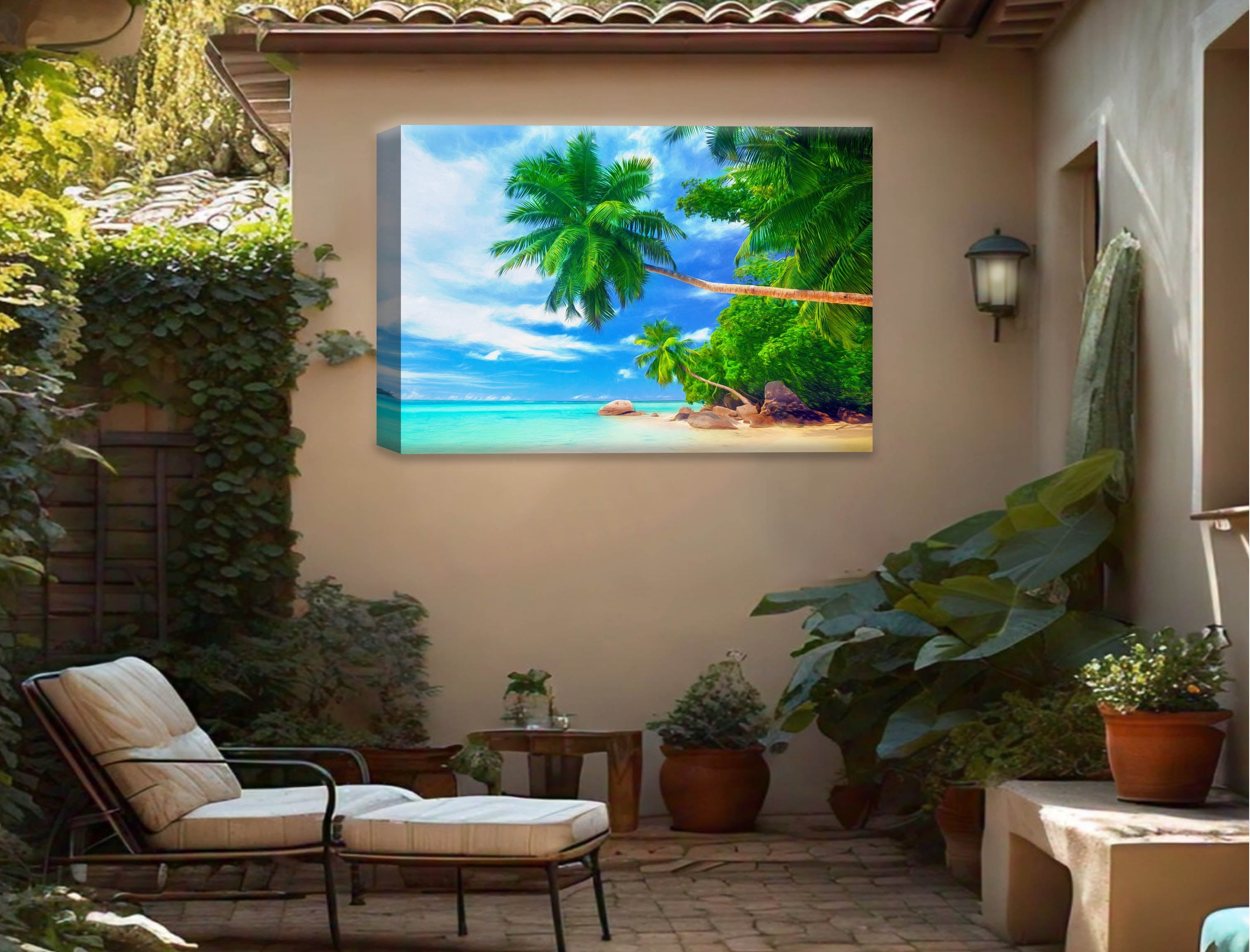 Palm Tree Art Painting   - Tropical Beach & Palm Trees #3 -Canvas Wrap - Waterproof on Patio 4 Wall