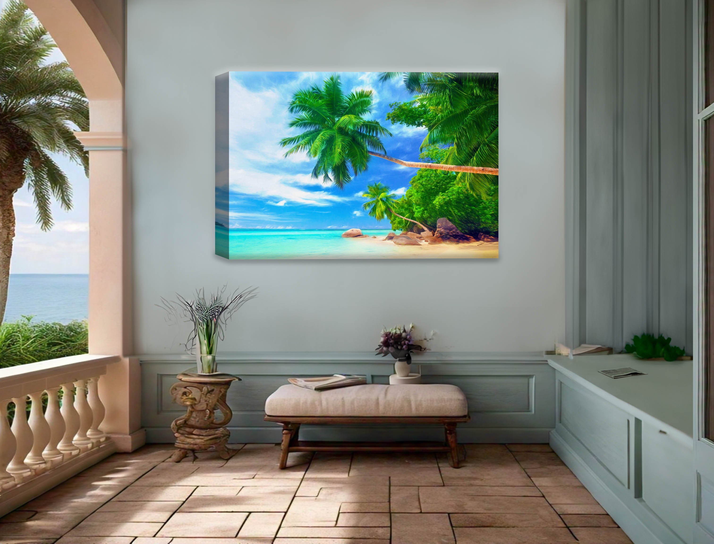 Palm Tree Art Painting   - Tropical Beach & Palm Trees #3 -Canvas Wrap - Waterproof on Patio 5 Wall