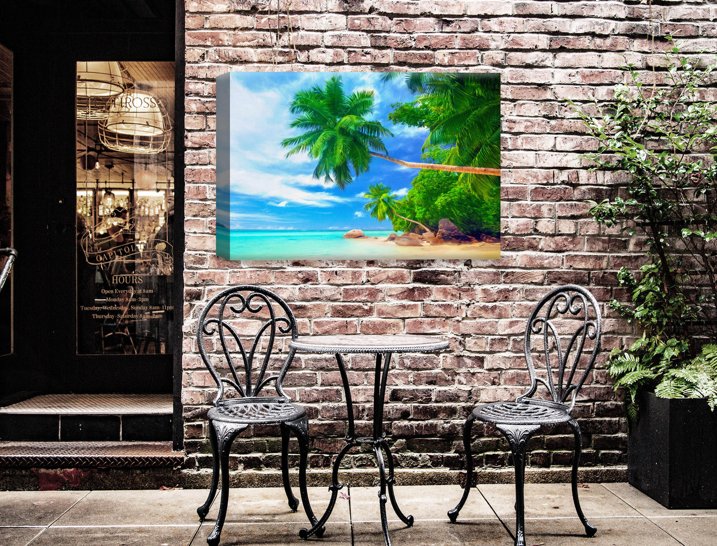 Tropical Beach & Palm Trees #3 -Canvas Wrap - Waterproof on Patio 2 Wall