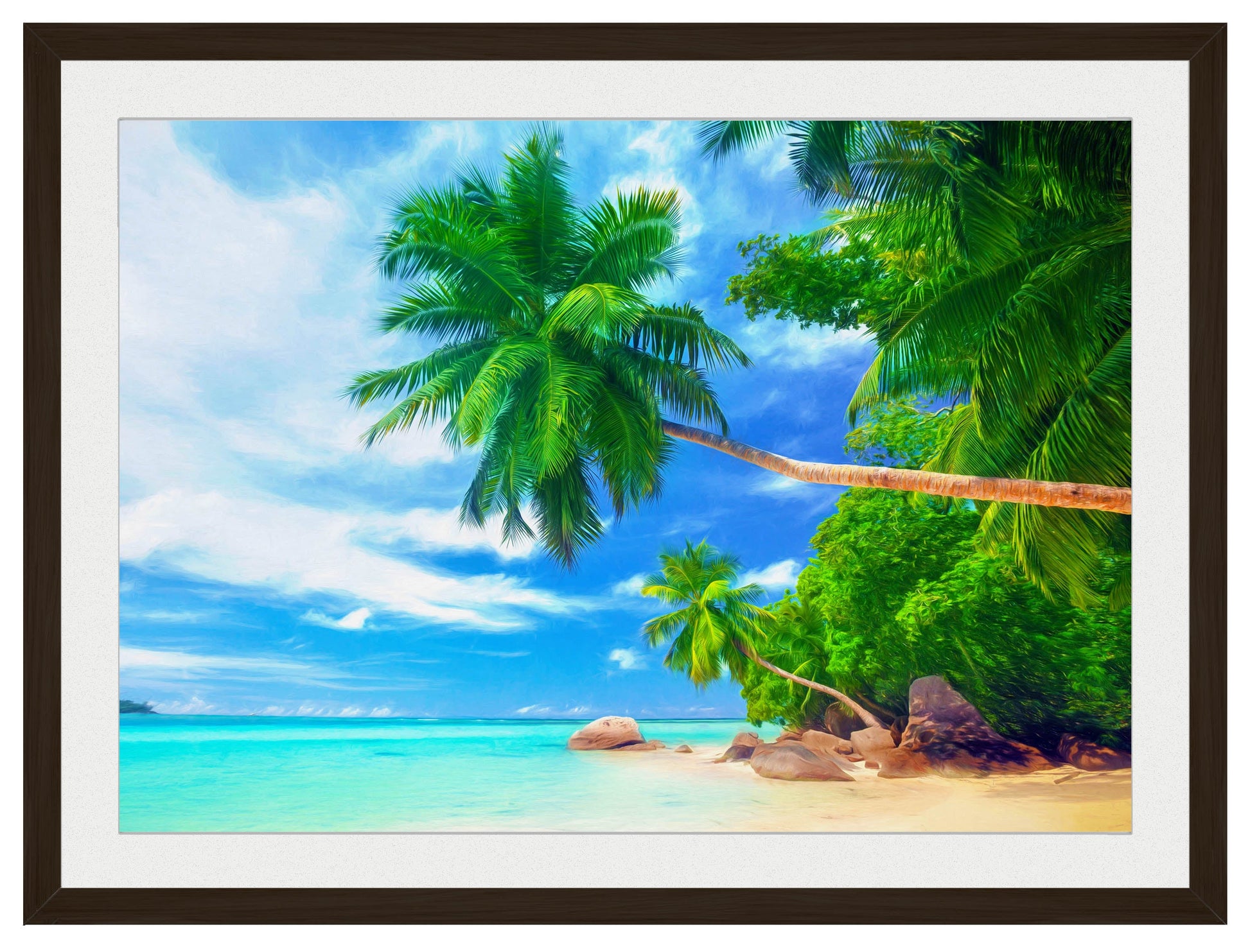 Palm Tree Art Painting   - Tropical Beach & Palm Trees #3 -Framed Photo - Black Frame