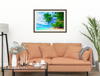 Palm Tree Art Painting   - Tropical Beach & Palm Trees #3 -Framed Photo - Black on Living Room1 Wall-1