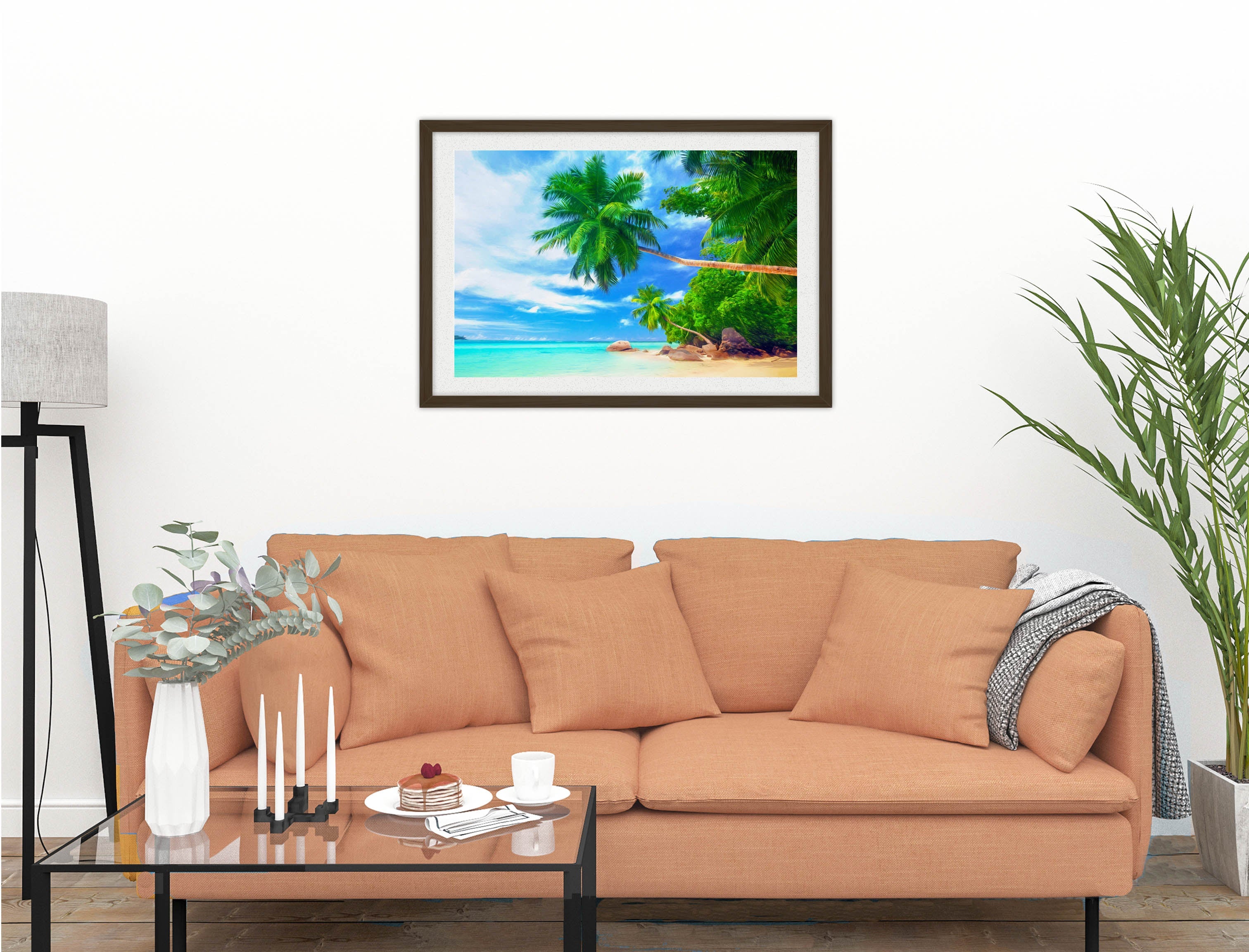 Palm Tree Art Painting   - Tropical Beach & Palm Trees #3 -Framed Photo - Black on Living Room1 Wall-1