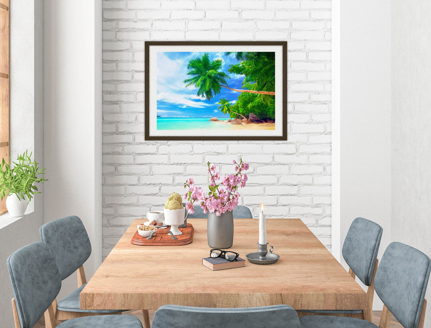 Tropical Beach & Palm Trees #3 -Framed Photo - Black on Dining Room Room Wall