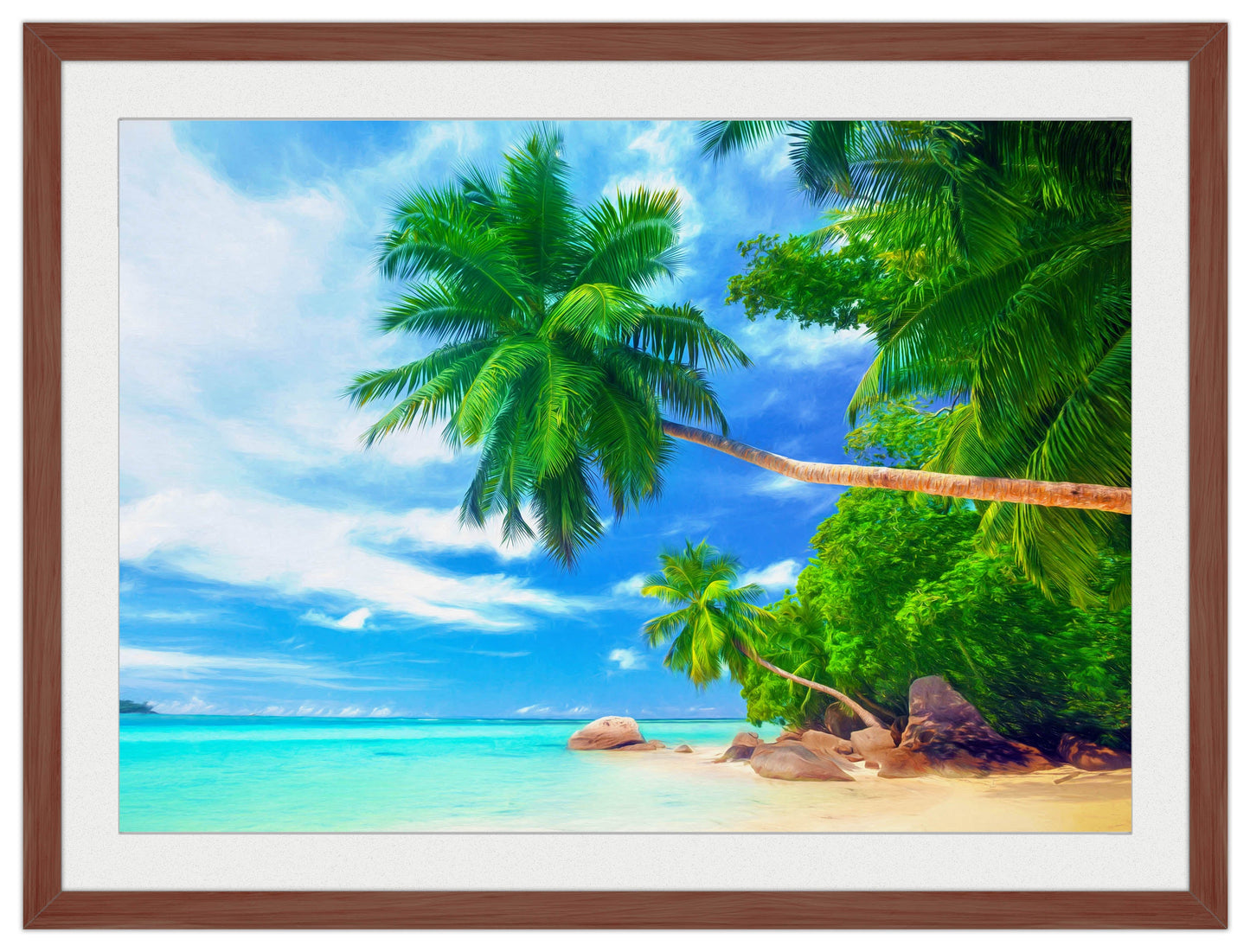 Tropical Beach & Palm Trees #3 -Framed Photo - Mahogany Frame