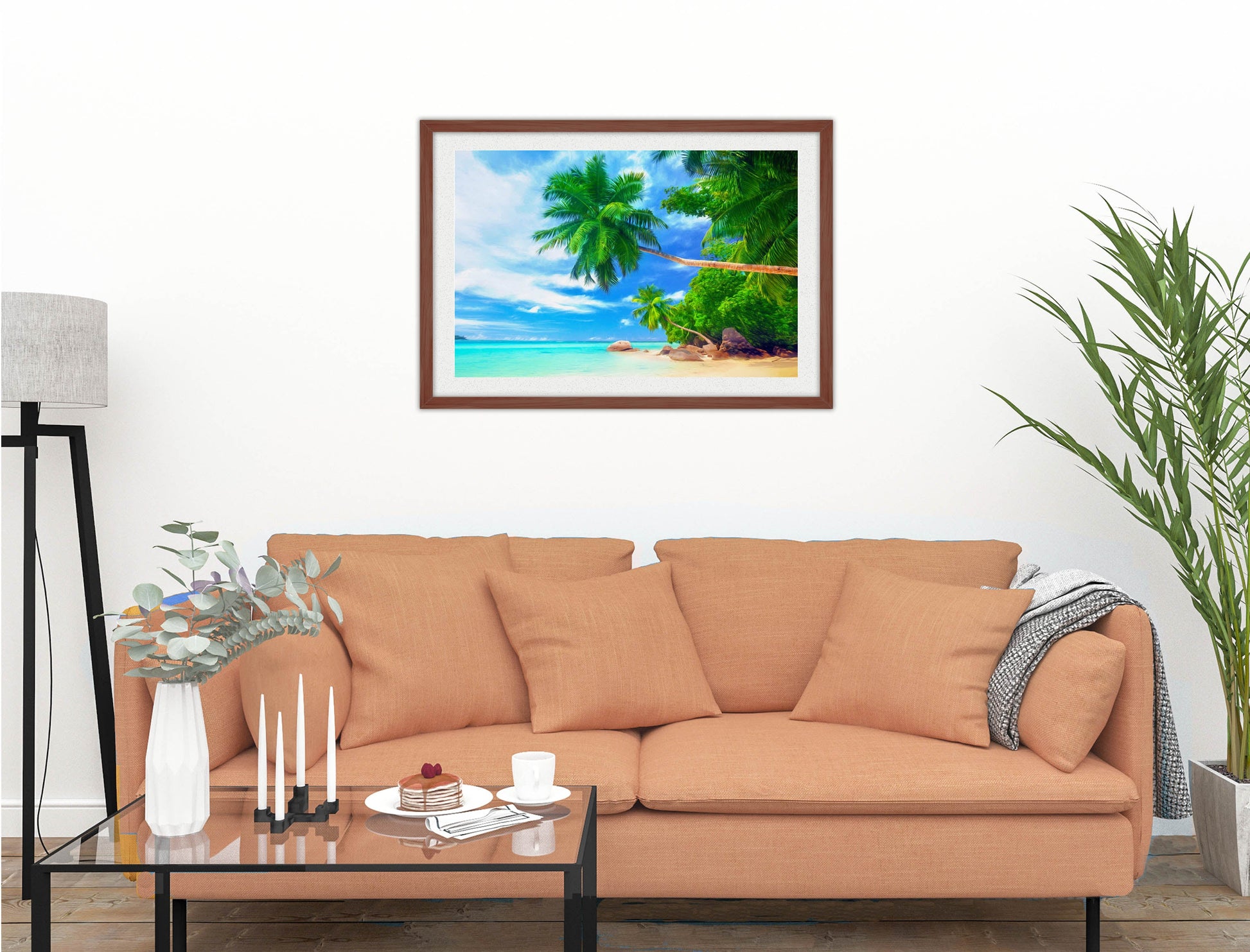 Tropical Beach & Palm Trees #3 -Framed Photo - Mahogany on Living Room1 Wall-1