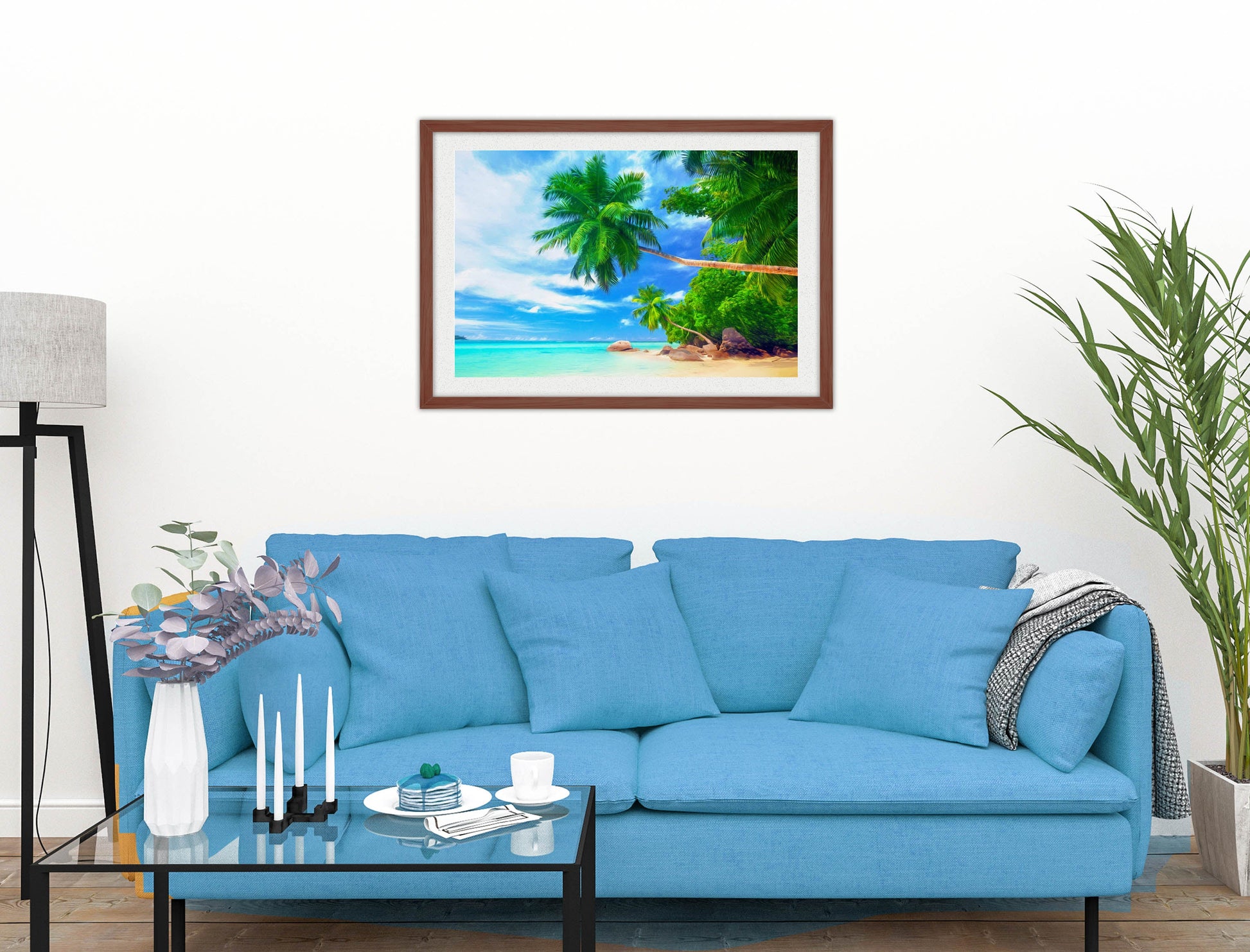 Tropical Beach & Palm Trees #3 -Framed Photo - Mahogany on Living Room1 Wall-2