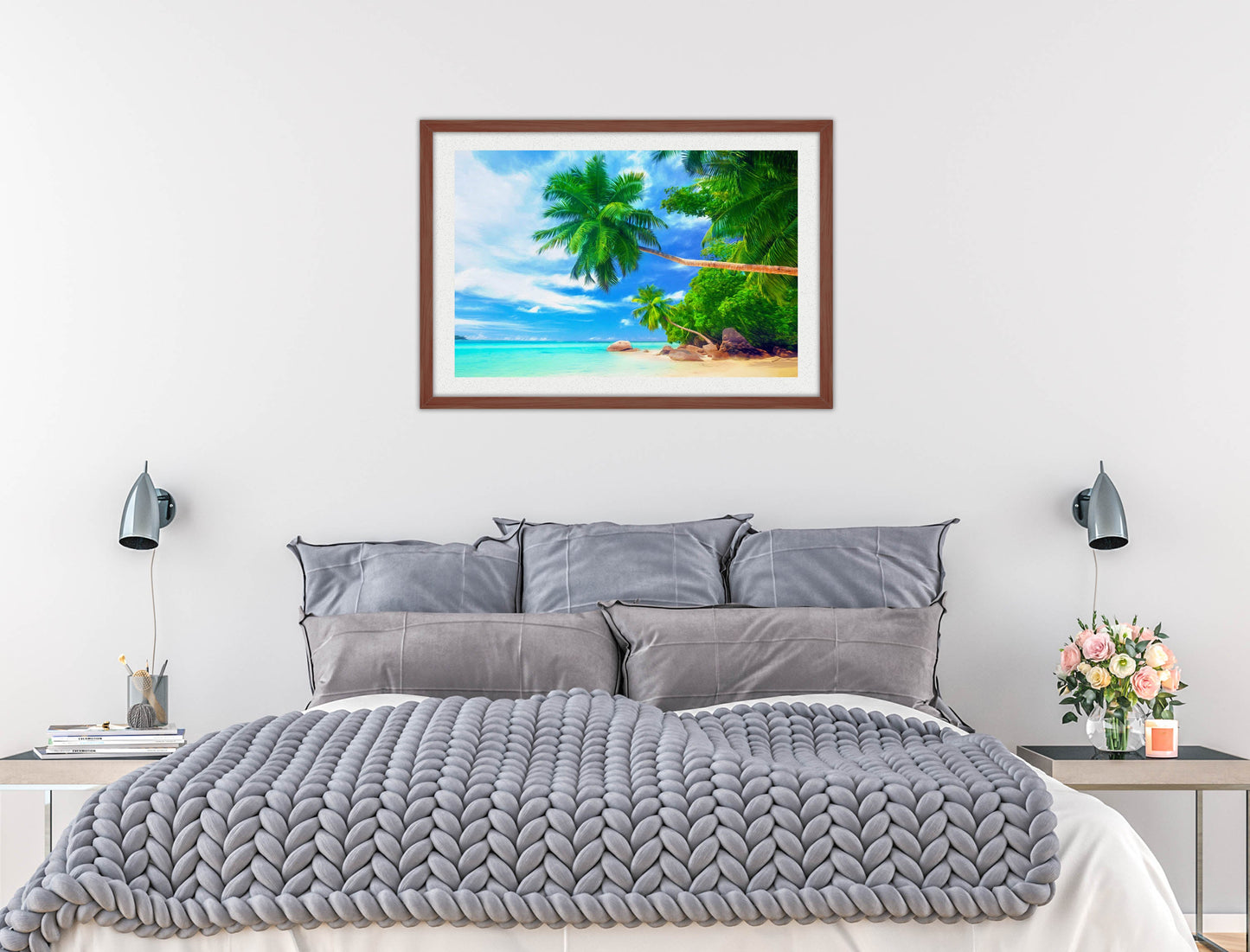 Tropical Beach & Palm Trees #3 -Framed Photo - Mahogany Frame on Bedroom Wall