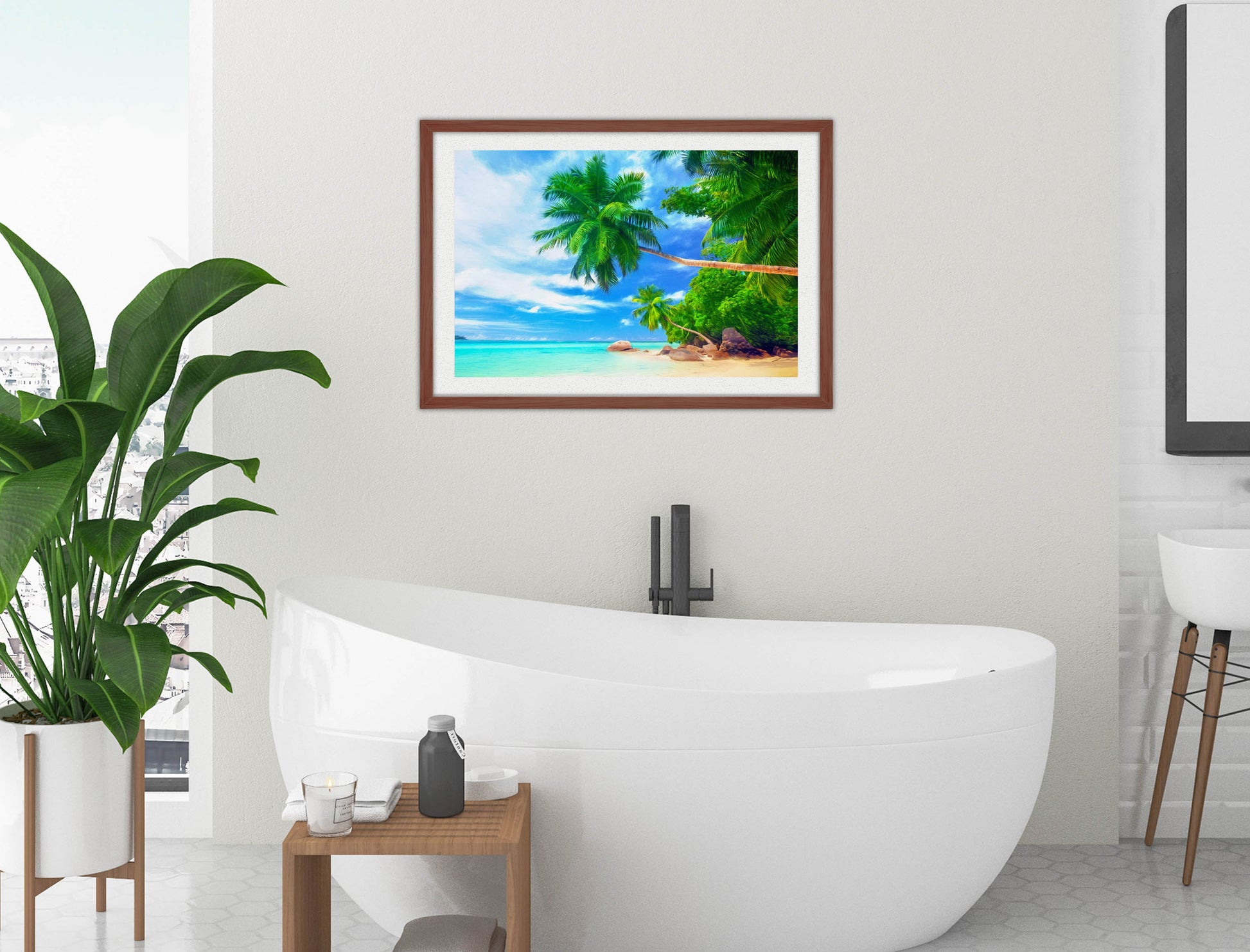 Tropical Beach & Palm Trees #3 -Framed Photo - Mahogany Frame on Bathroom Wall