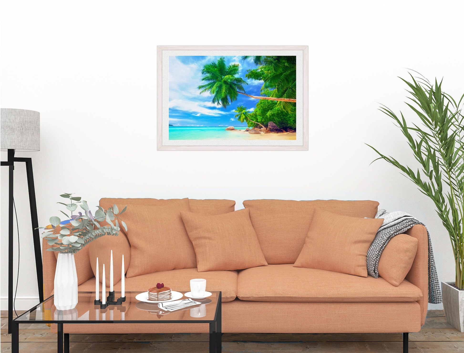 Tropical Beach & Palm Trees #3 -Framed Photo - White on Living Room1 Wall-1