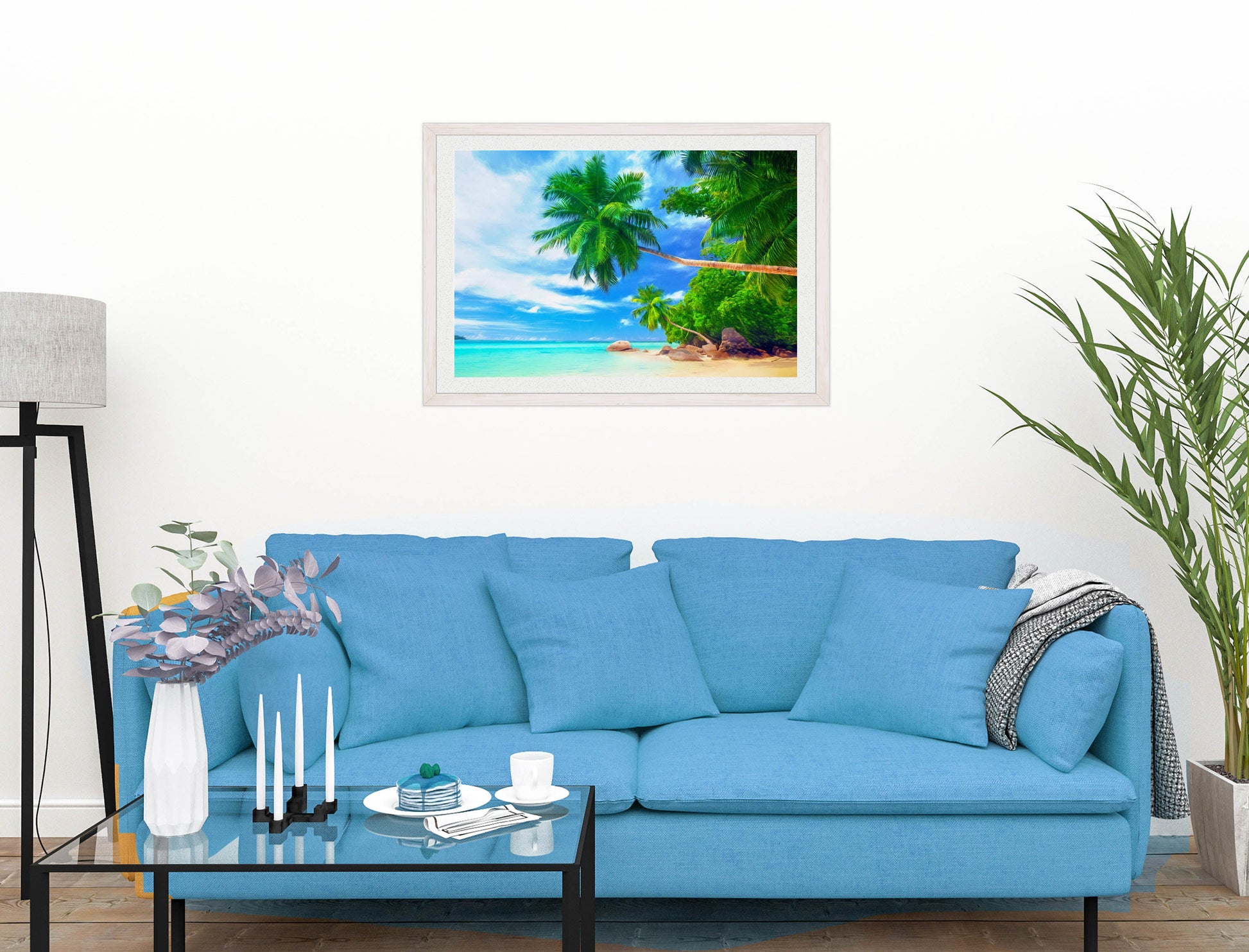 Tropical Beach & Palm Trees #3 -Framed Photo - White on Living Room1 Wall-2