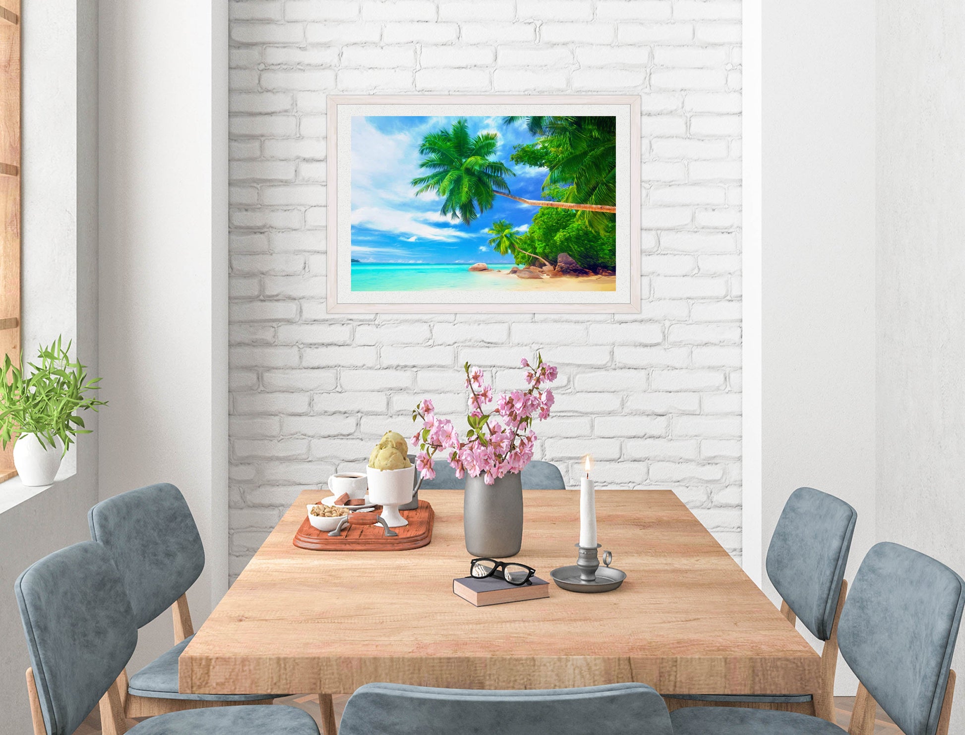 Tropical Beach & Palm Trees #3 -Framed Photo - White on Dining Room Room Wall