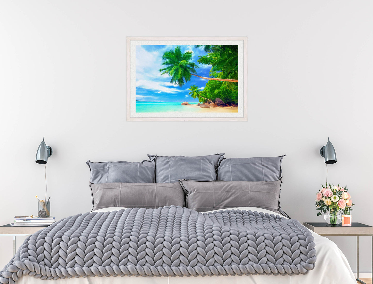 Tropical Beach & Palm Trees #3 -Framed Photo - White on Bedroom Wall