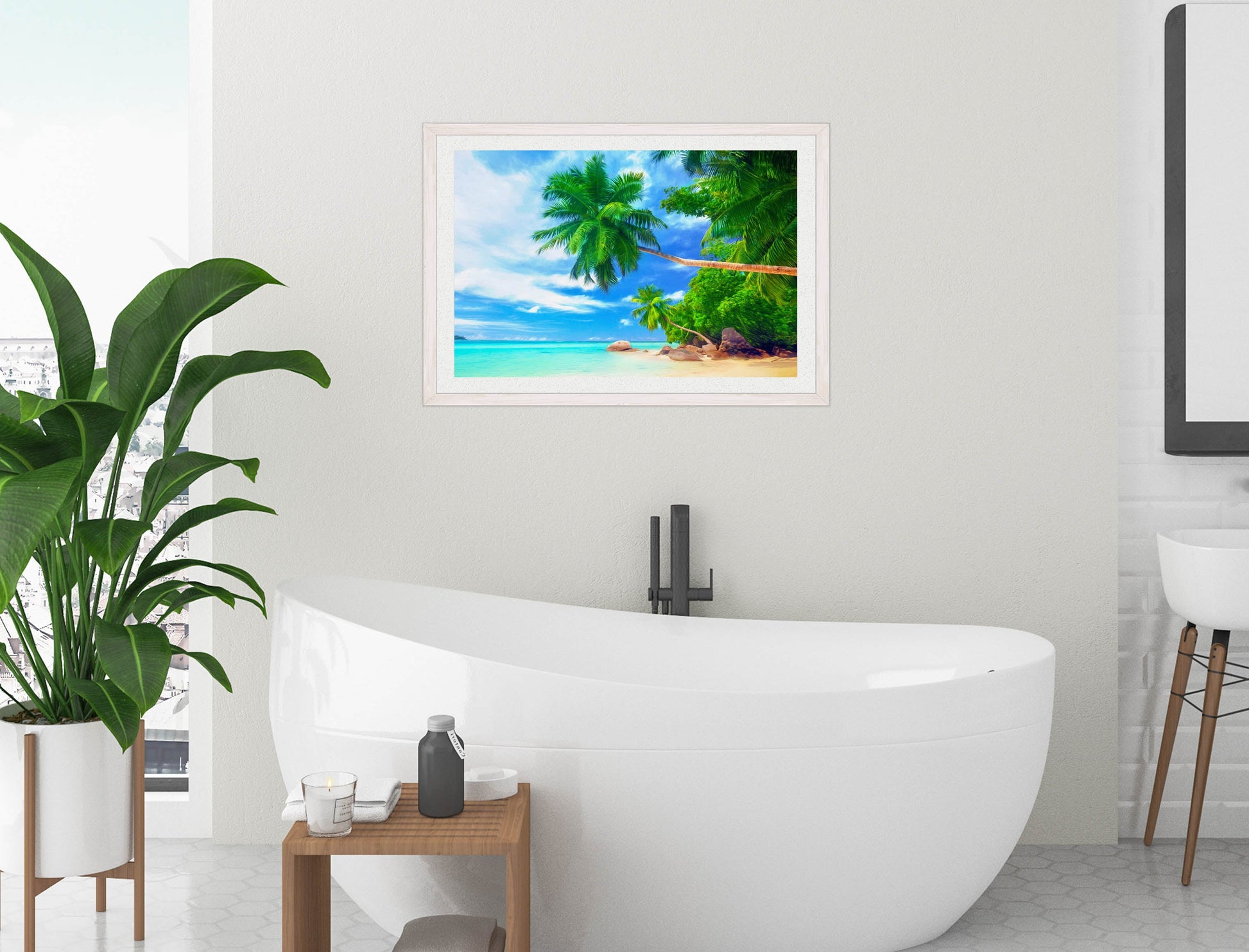 Tropical Beach & Palm Trees #3 -Framed Photo - White Frame on Bathroom Wall