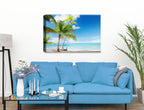 Palm Tree Painting - Watercolor Painting of home and roadTropical Beach & Palm Trees  -Canvas Wrap on Living Room Wall - Blue Sofa
