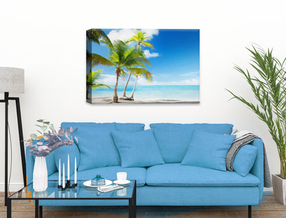 Palm Tree Painting - Watercolor Painting of home and roadTropical Beach & Palm Trees  -Canvas Wrap on Living Room Wall - Blue Sofa