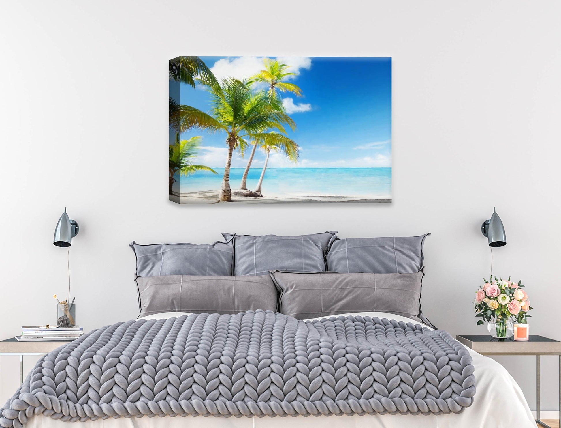 Palm Tree Painting - Watercolor Painting of home and road -Tropical Beach & Palm Trees  -Canvas Wrap on Bedroom Wall