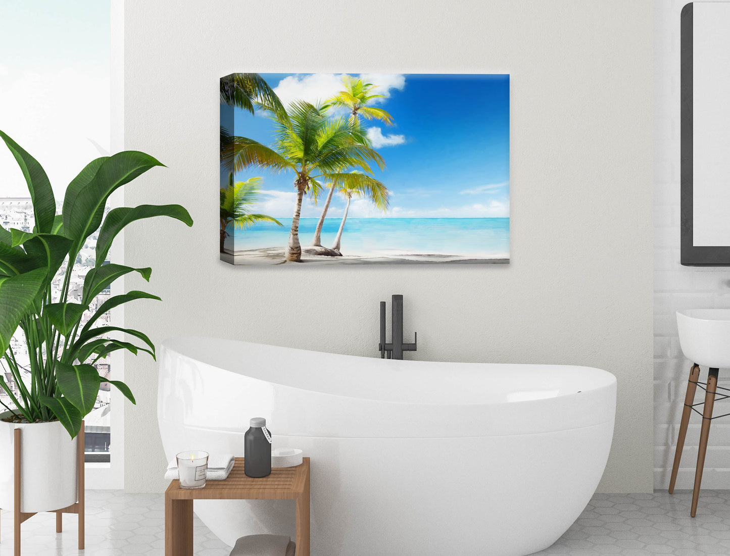 Palm Tree Painting - Watercolor Painting of home and road -Tropical Beach & Palm Trees  -Canvas Wrap on Bathroom Wall