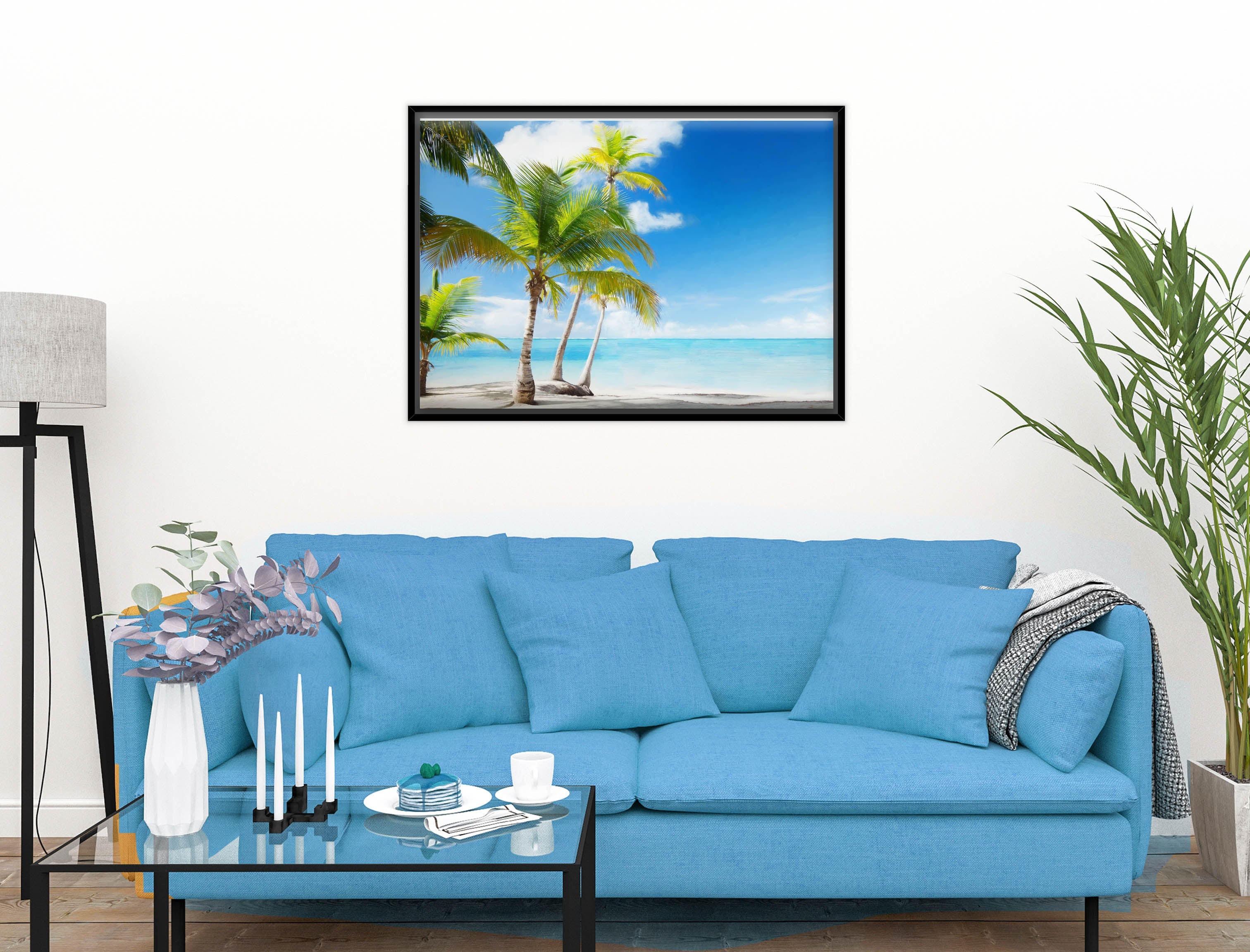 Palm Tree Painting - Watercolor Painting of home and road -Tropical Beach & Palm Trees  -Canvas Wrap - Black Frame on Living Room Wall-2