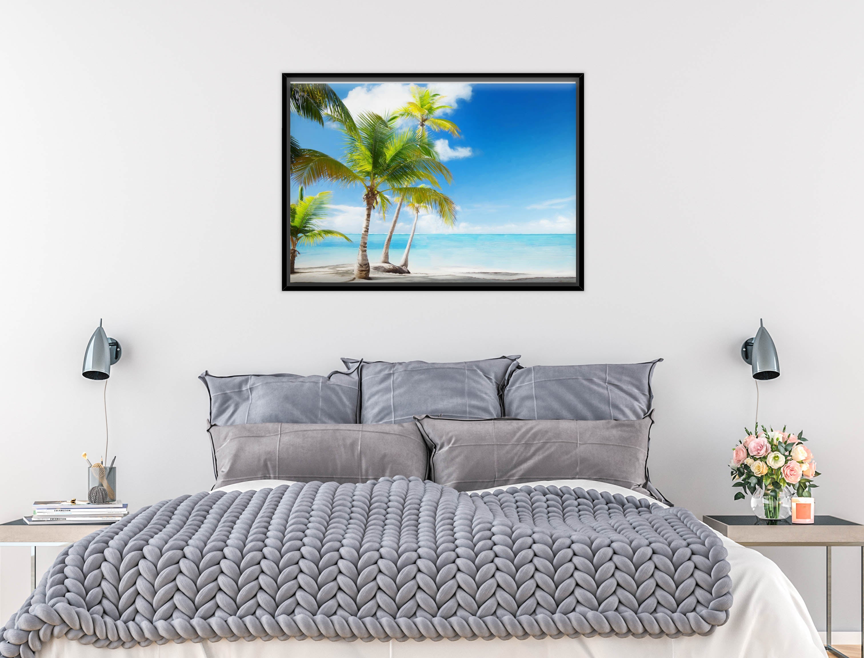 Tropical Beach & Palm Trees  -Canvas Wrap - Black Frame on Bedroom Wall