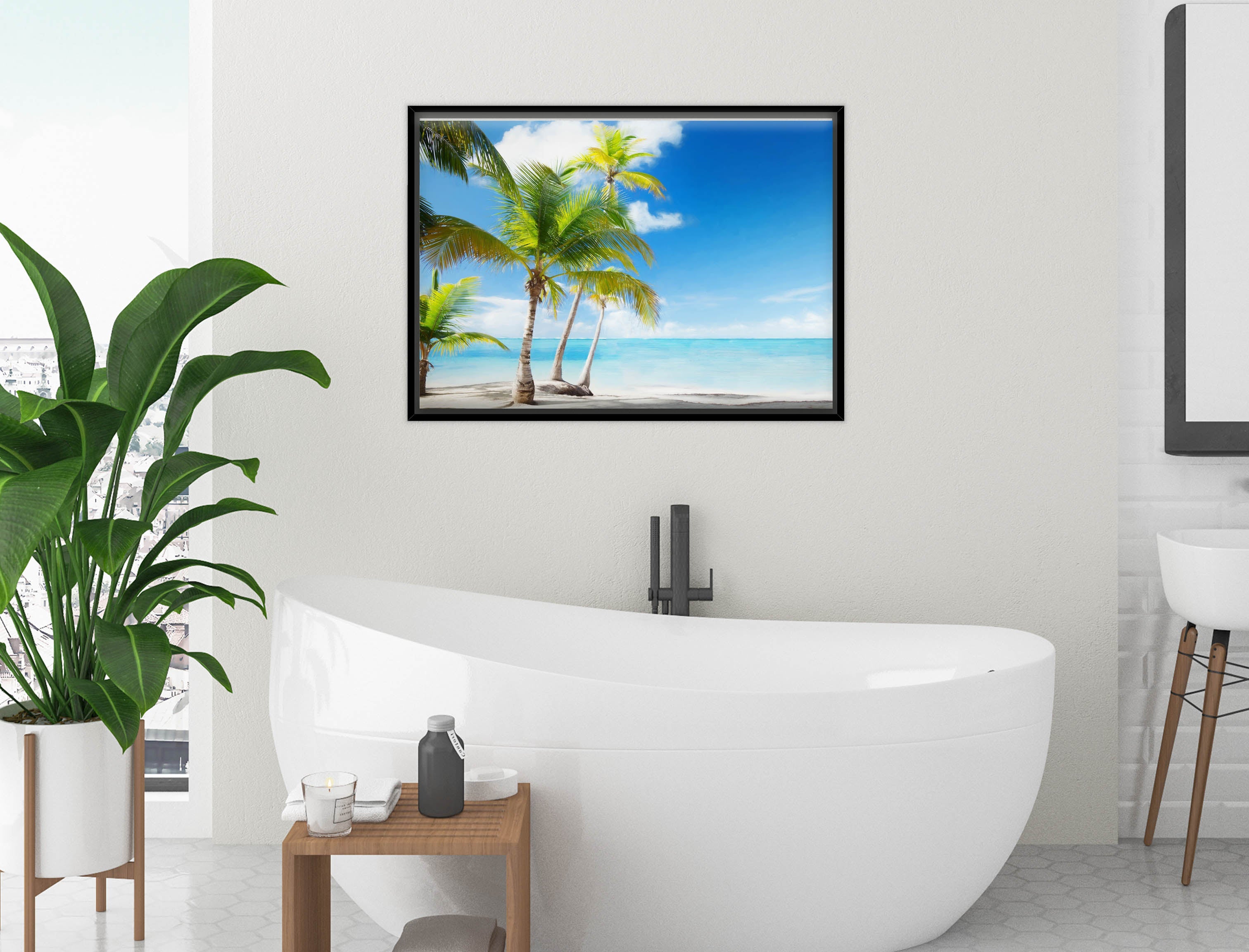 Tropical Beach & Palm Trees  -Canvas Wrap - Black Frame on Bathroom Wall