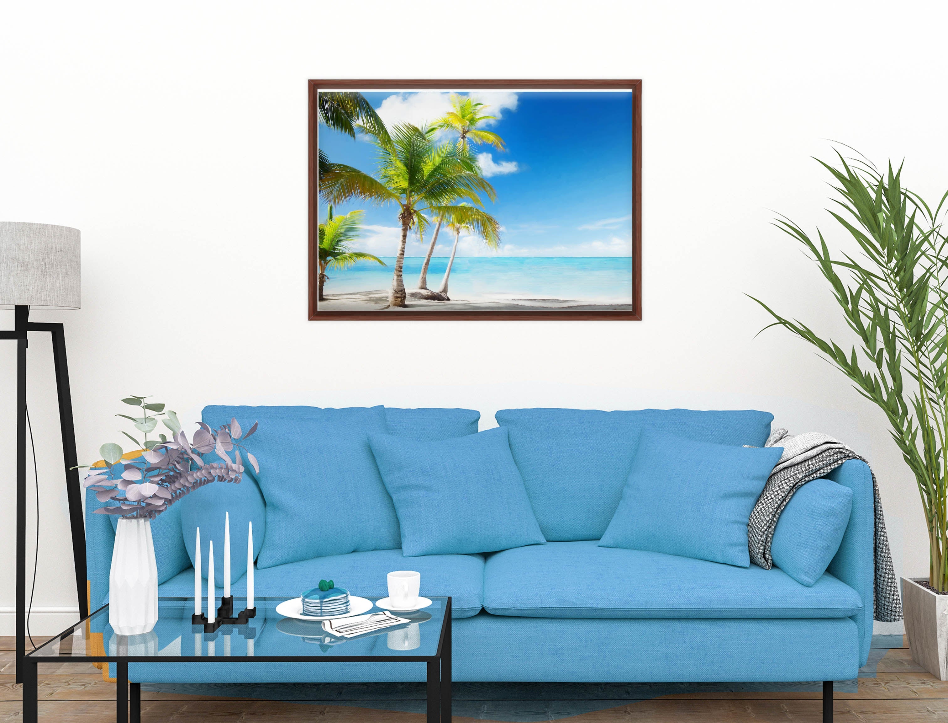 Tropical Beach & Palm Trees  -Canvas Wrap - Mahogany Frame on Living Room Wall-2