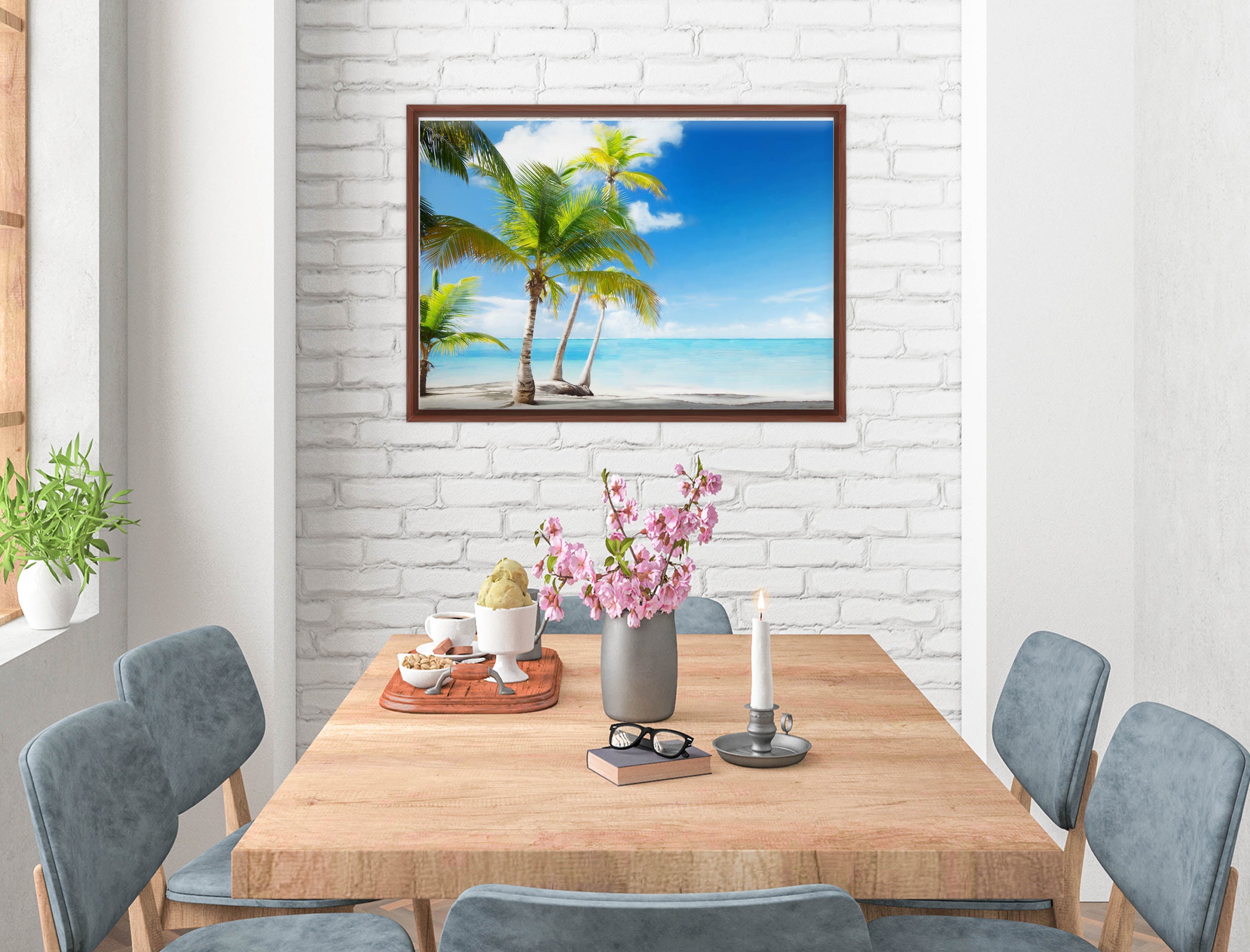 Tropical Beach & Palm Trees  -Canvas Wrap - Mahogany Frame on Dining Room Room Wall