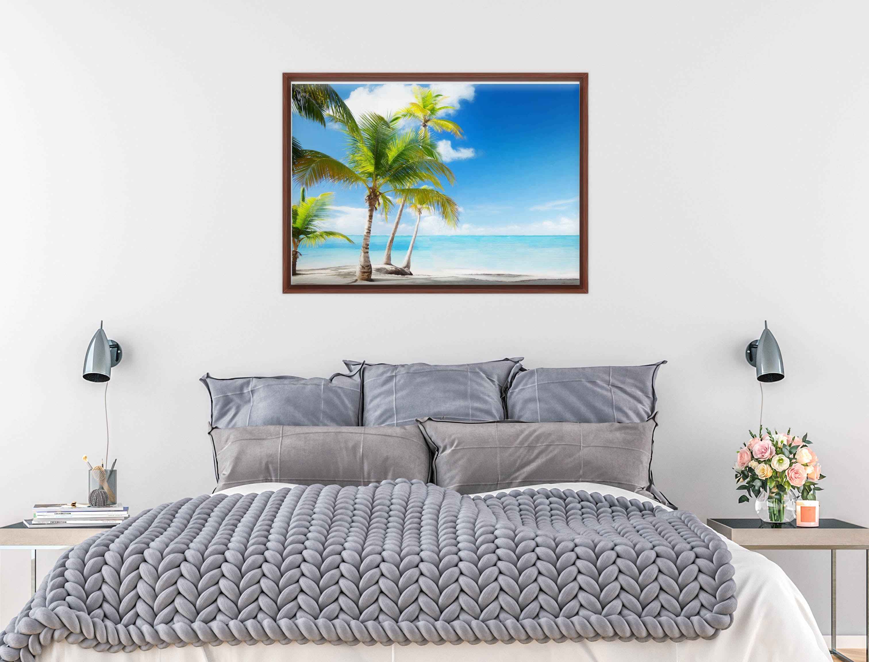 Tropical Beach & Palm Trees  -Canvas Wrap - Mahogany Frame on Bedroom Wall