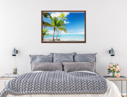 Tropical Beach & Palm Trees  -Canvas Wrap - Mahogany Frame on Bedroom Wall