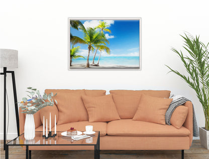 Tropical Beach & Palm Trees  -Canvas Wrap - White Frame on Living Room Wall-1
