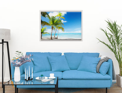 Tropical Beach & Palm Trees  -Canvas Wrap - White Frame on Living Room Wall-2