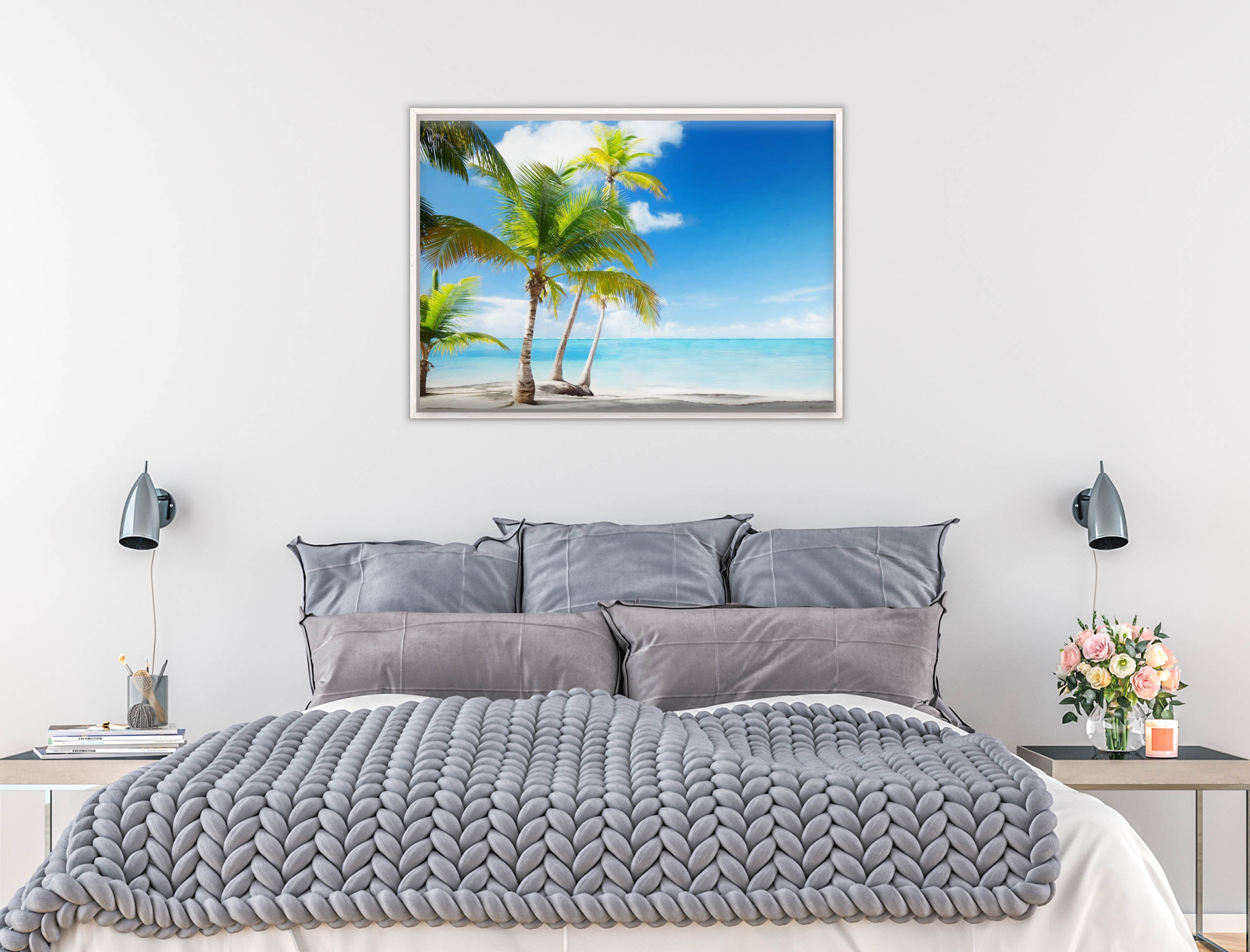 Tropical Beach & Palm Trees  -Canvas Wrap - White Frame on Bedroom Wall