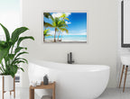 Tropical Beach & Palm Trees  -Canvas Wrap - White Frame on Bathroom Wall