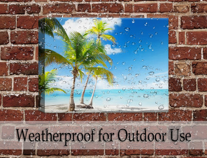 Tropical Beach & Palm Trees  -Canvas Wrap - Waterproof on Brick Wall